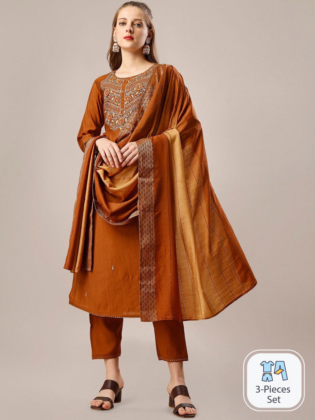 

Berrylicious Floral Embroidered Chanderi Cotton Kurta with Trousers & Dupatta, Rust