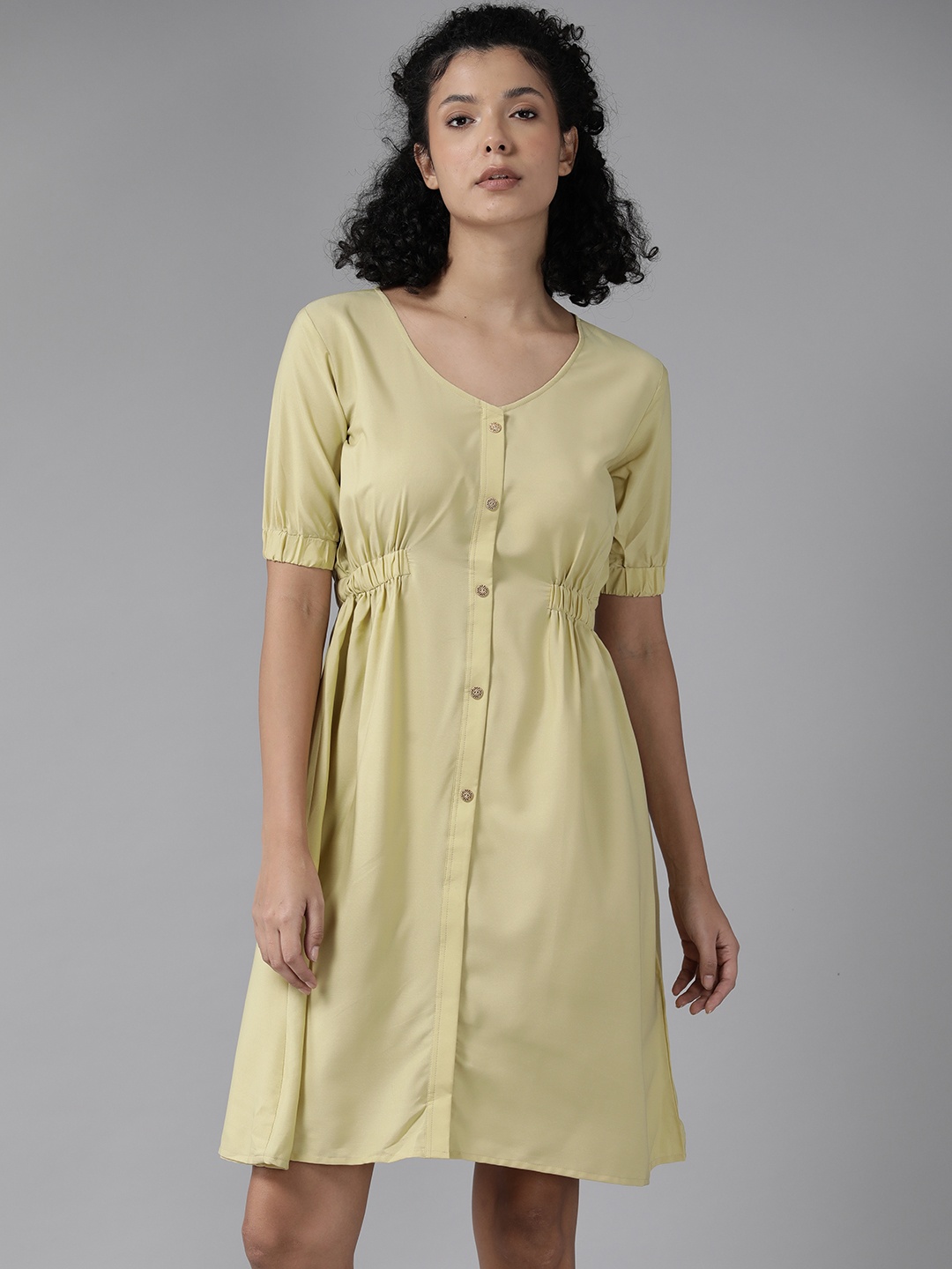 

Roadster Puff Sleeves Crepe Fit & Flare Dress, Green