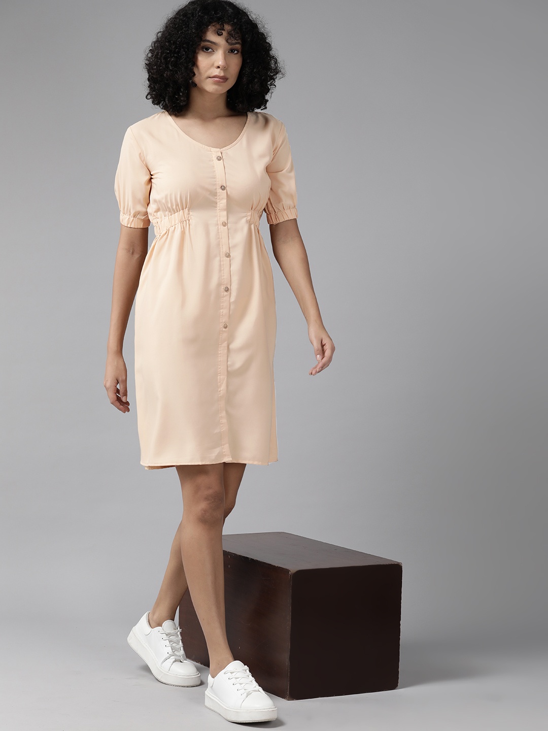 

Roadster Puff Sleeves Crepe Fit & Flare Dress, Cream