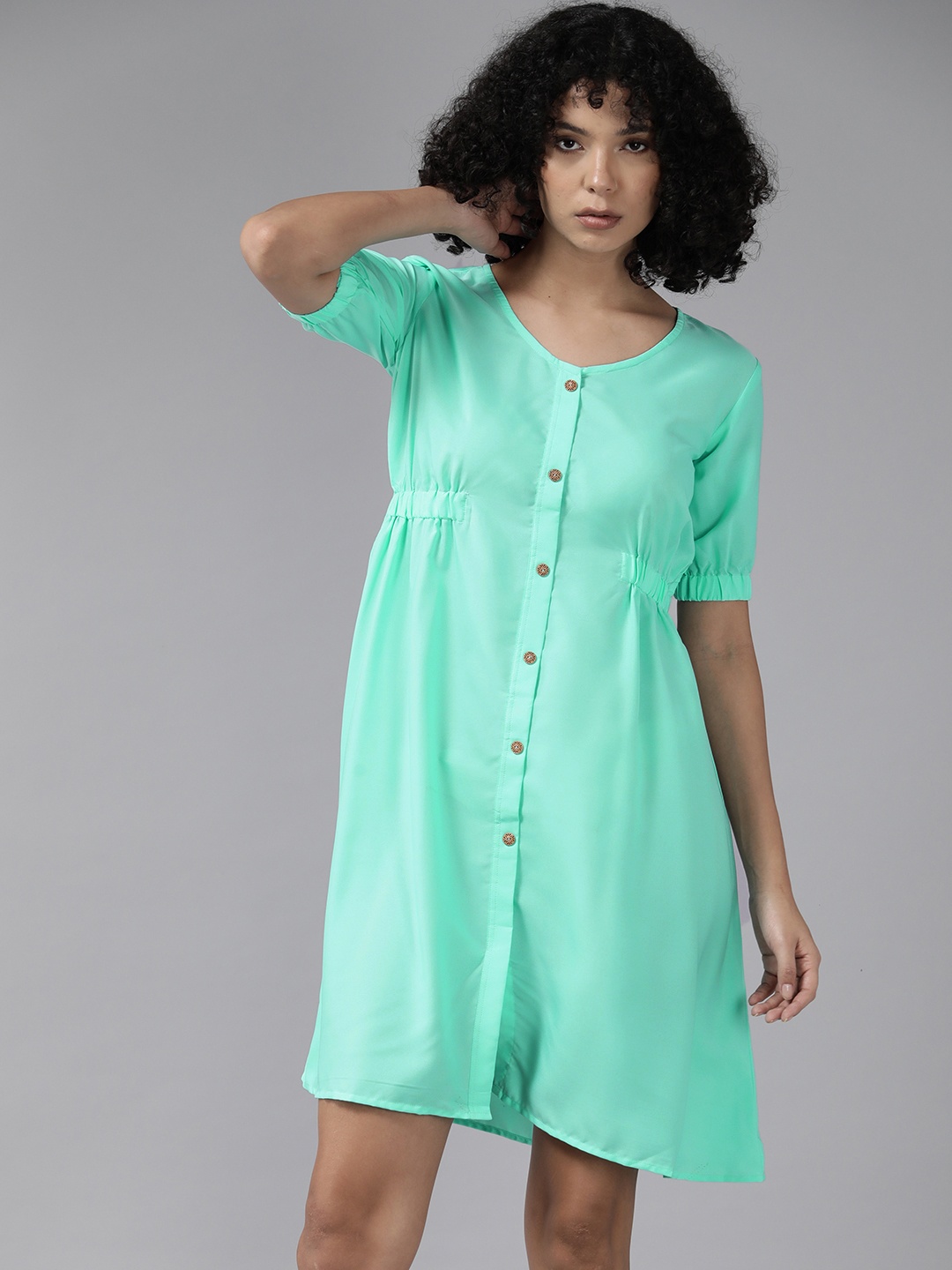 

Roadster Puff Sleeves Crepe Fit & Flare Dress, Turquoise blue