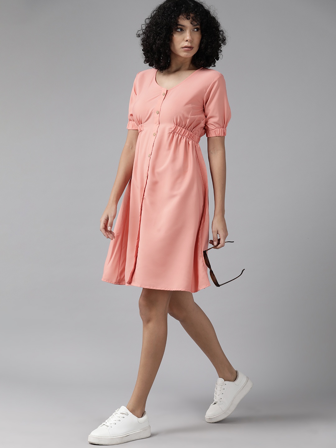 

Roadster Puff Sleeves Crepe Fit & Flare Dress, Pink