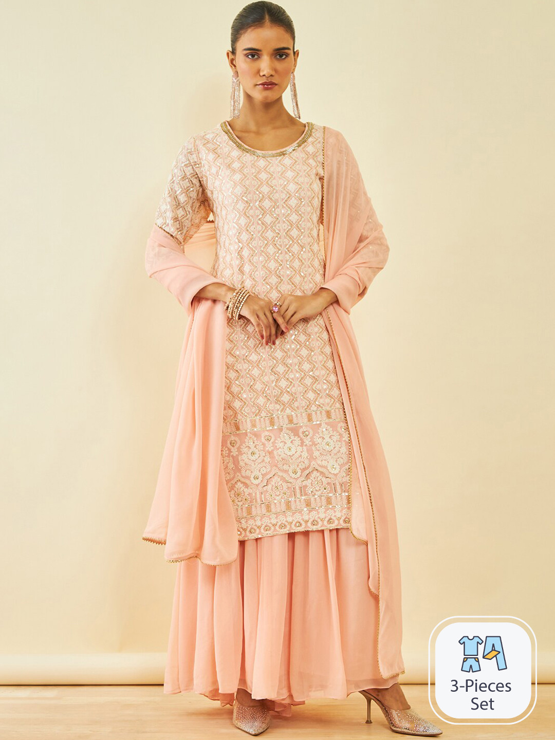 

Soch Ethnic Motifs Embroidered Sequinned Kurta With Sharara & Dupatta, Peach