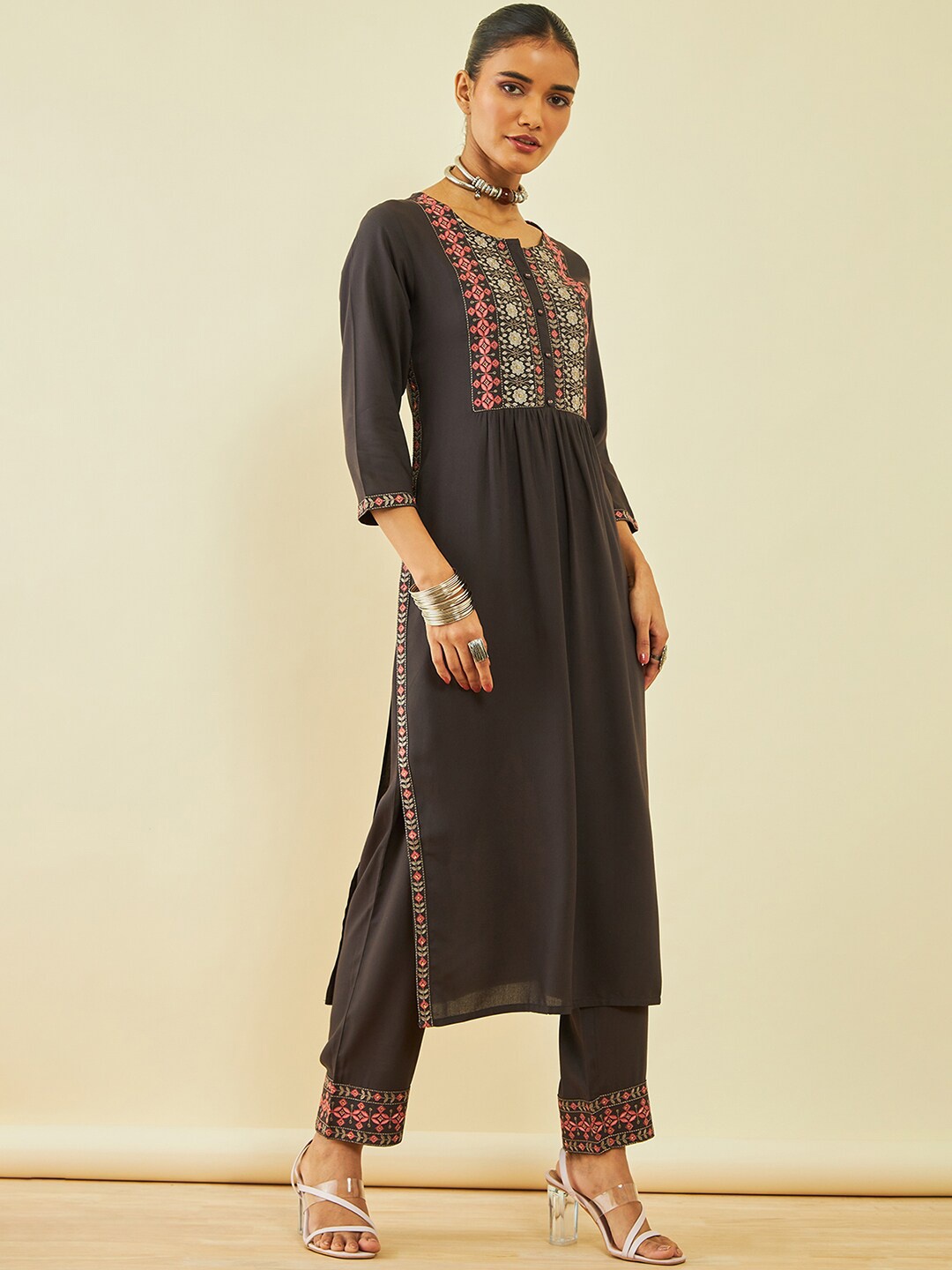 

Soch Ethnic Motifs Embroidered High Slit Thread Work Kurta With Trousers, Charcoal