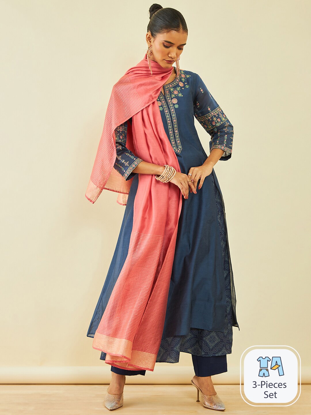 Soch Floral Yoke Design Thread Work Kurta With Trousers & With Dupatta, Grey