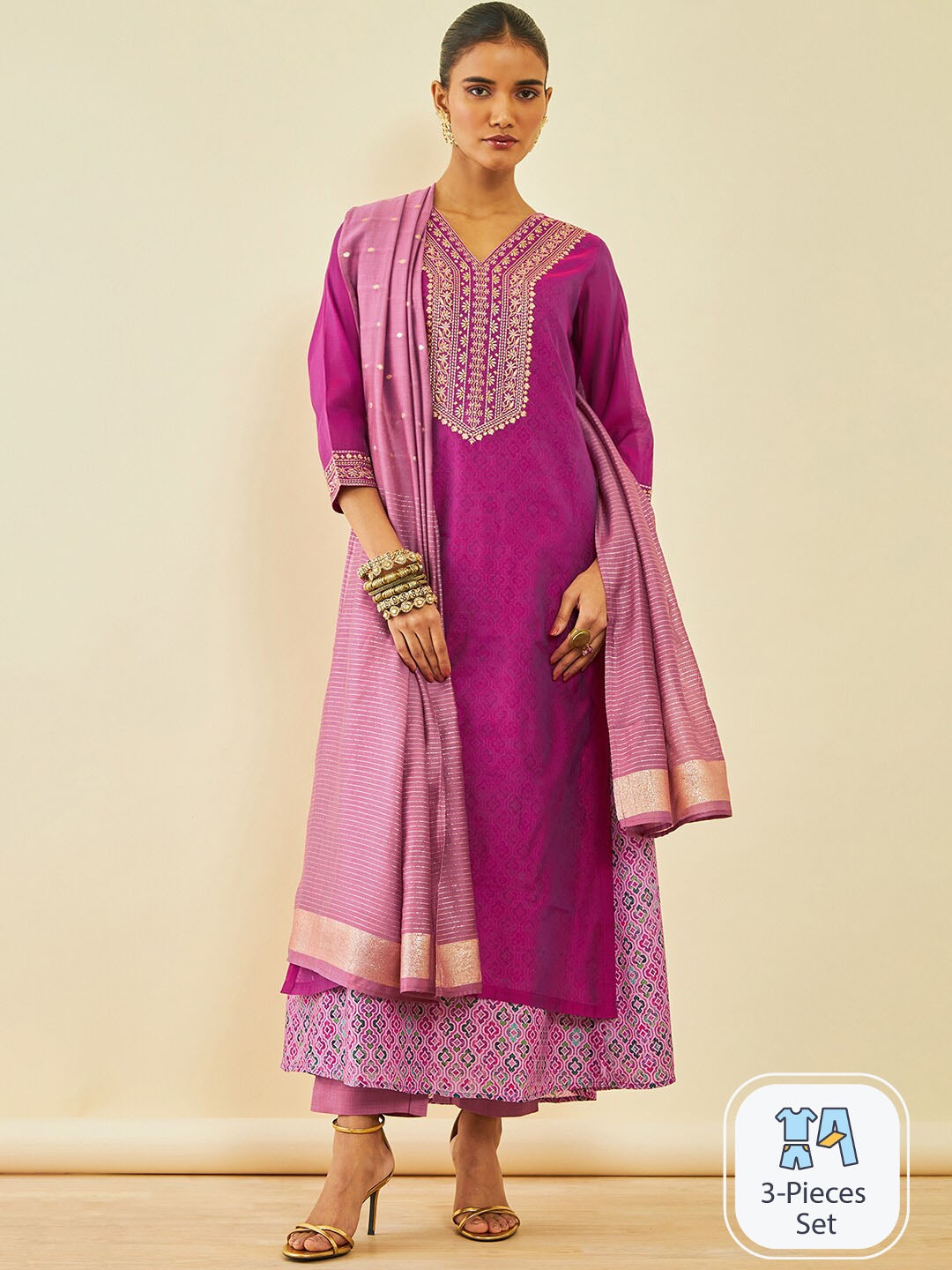 Soch Ethnic Motifs Yoke Design Thread Work Kurta With Trousers & Dupatta, Magenta