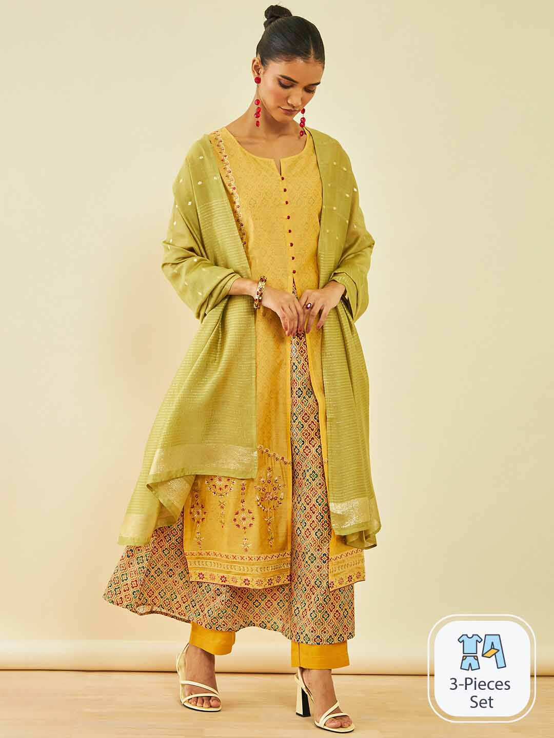 

Soch Ethnic Motifs Embroidered Layered Zari Kurta with Trousers &, Mustard