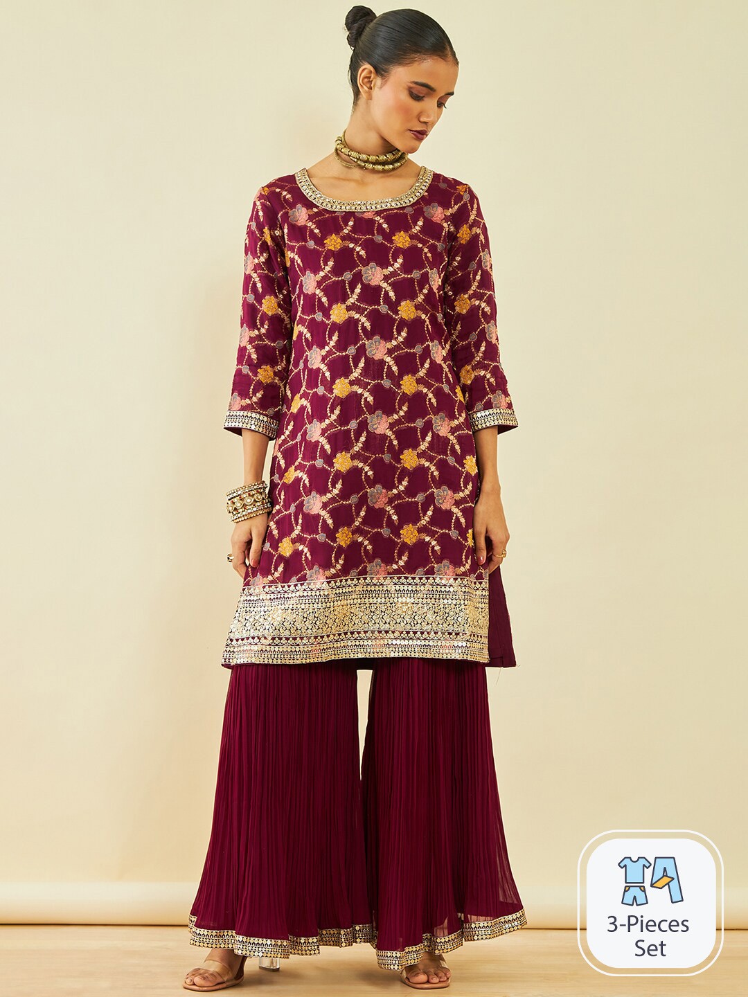 

Soch Floral Embroidered Sequinned Kurta With Sharara & Dupatta, Maroon