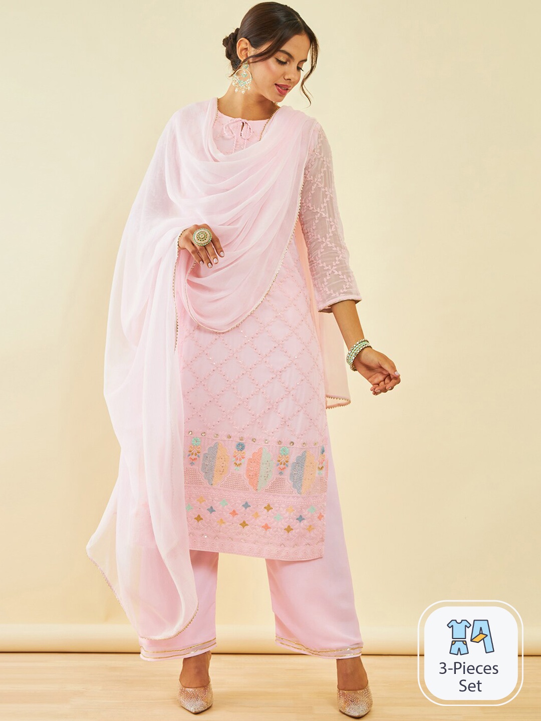 

Soch Embroidered Regular Sequinned Kurta with Trousers & Dupatta, Pink