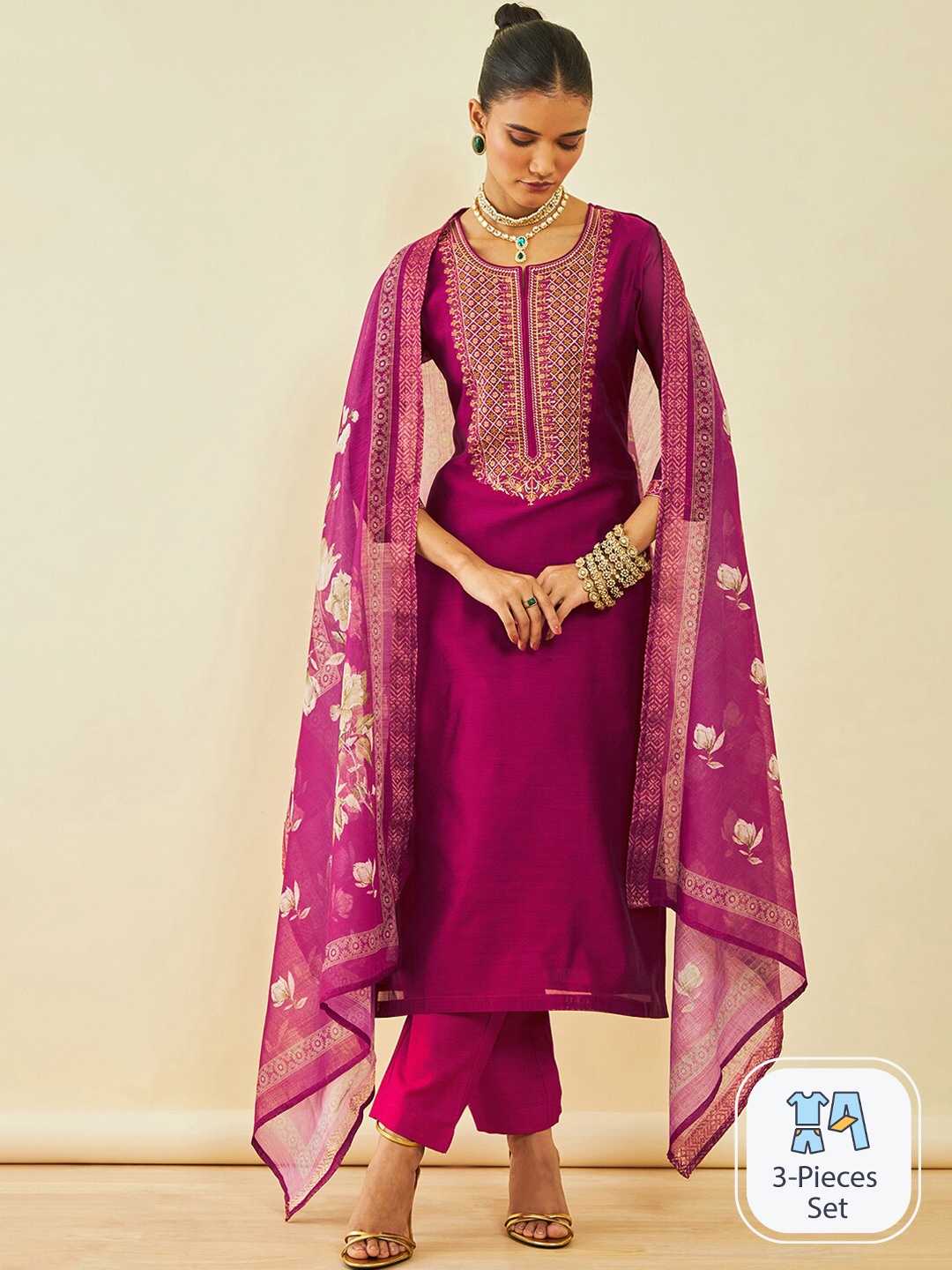 

Soch Ethnic Motifs Embroidered Chanderi Silk Kurta with Trousers & With, Magenta