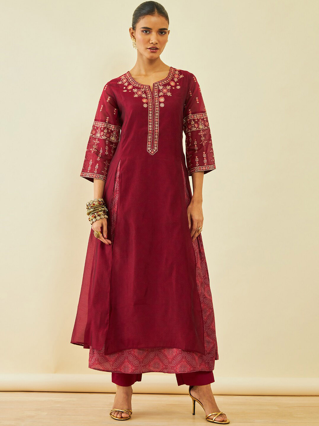 

Soch Ethnic Motifs Yoke Embroidered Layered Zari Kurta with Trousers & Dupatta, Maroon