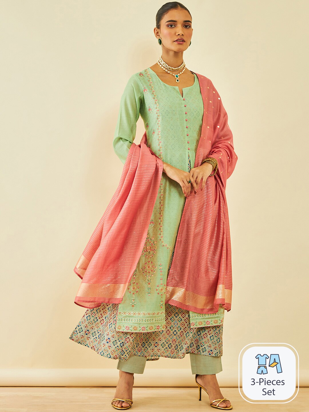 

Soch Floral Embroidered Zari Kurta with Trousers & Dupatta, Green