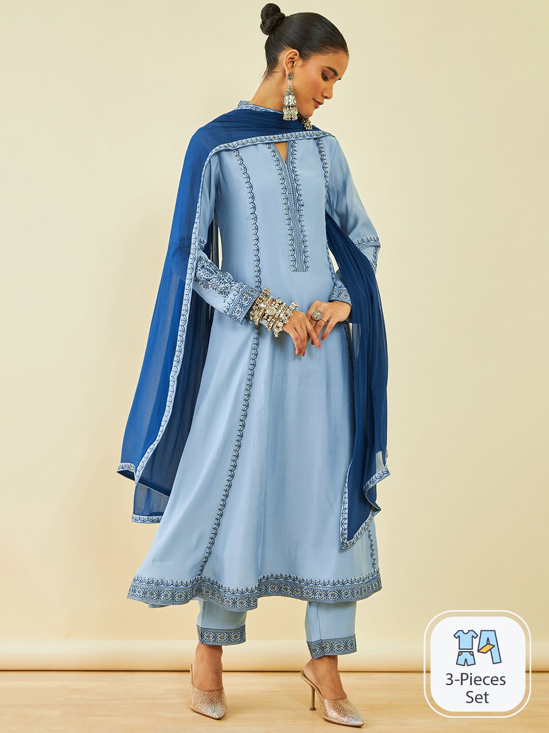 

Soch Ethnic Motifs Embroidered Regular Kurta with Trousers & Dupatta, Blue