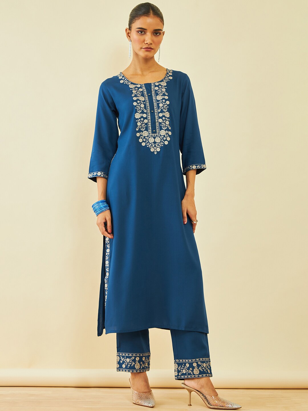 

Soch Floral Yoke Design Regular Thread Work Kurta with Trousers, Blue