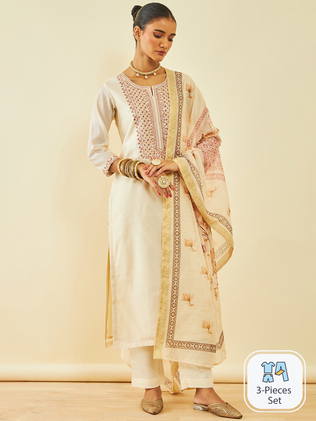 

Soch Ethnic Motifs Yoke Design Thread Work Kurta With Trousers & Dupatta, Cream