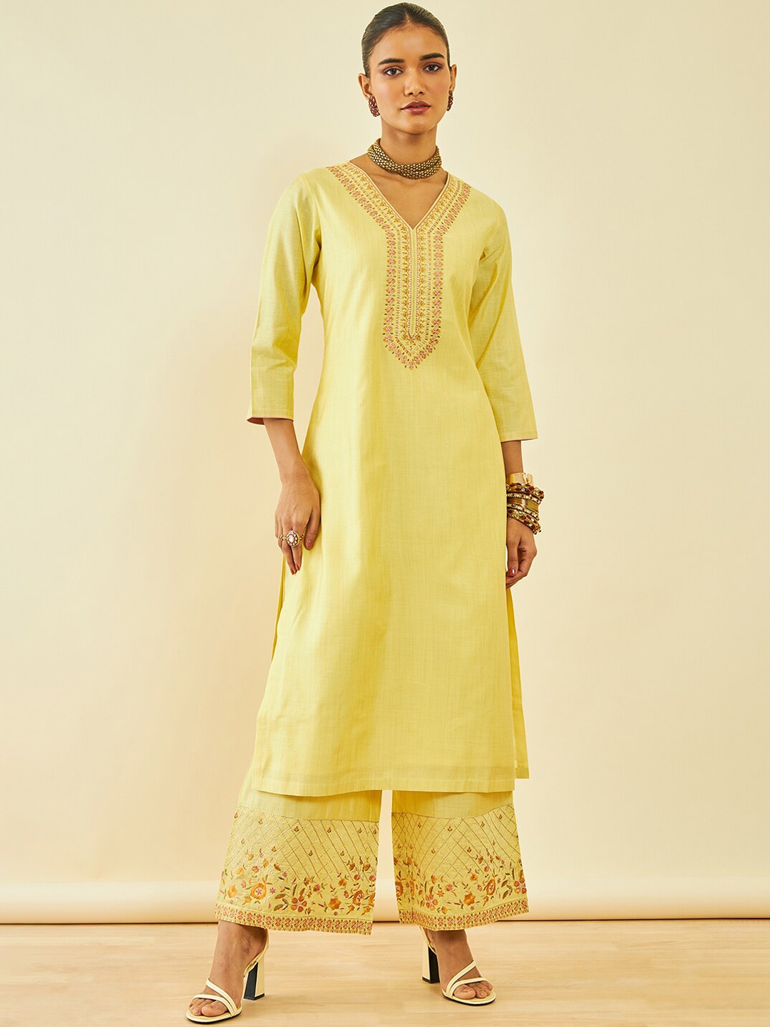 

Soch Floral Embroidered Thread Work V-Neck Kurta With Palazzos & Dupatta, Yellow