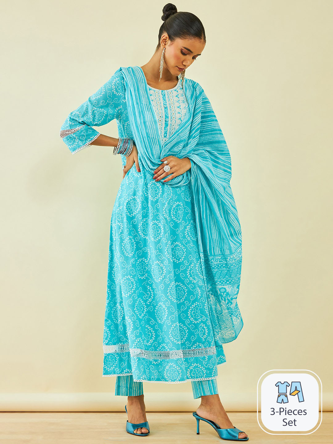 

Soch Bandhani Printed Thread Work Pure Cotton Kurta with Trousers & With, Turquoise blue