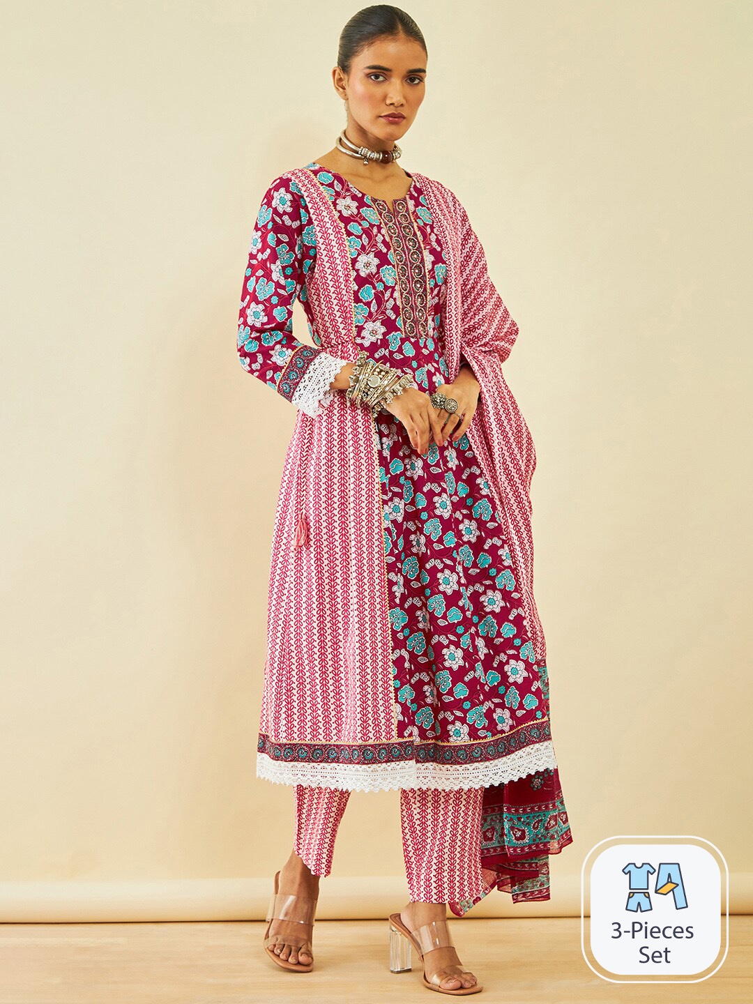 

Soch Floral Printed Pure Cotton Anarkali Kurta With Trousers & Dupatta, Red