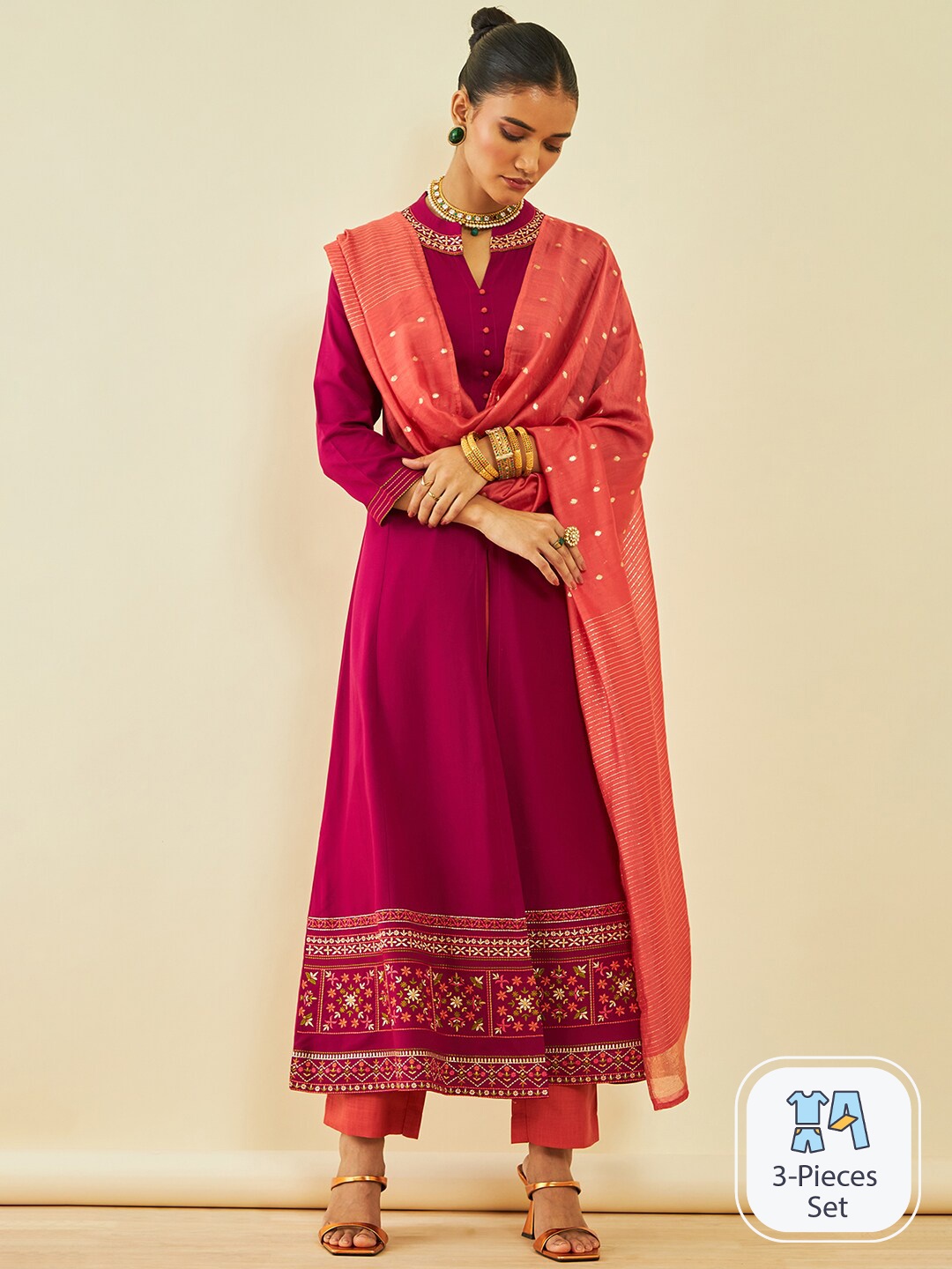 

Soch Floral Embroidered Thread Work Kurta With Trousers & Dupatta, Magenta