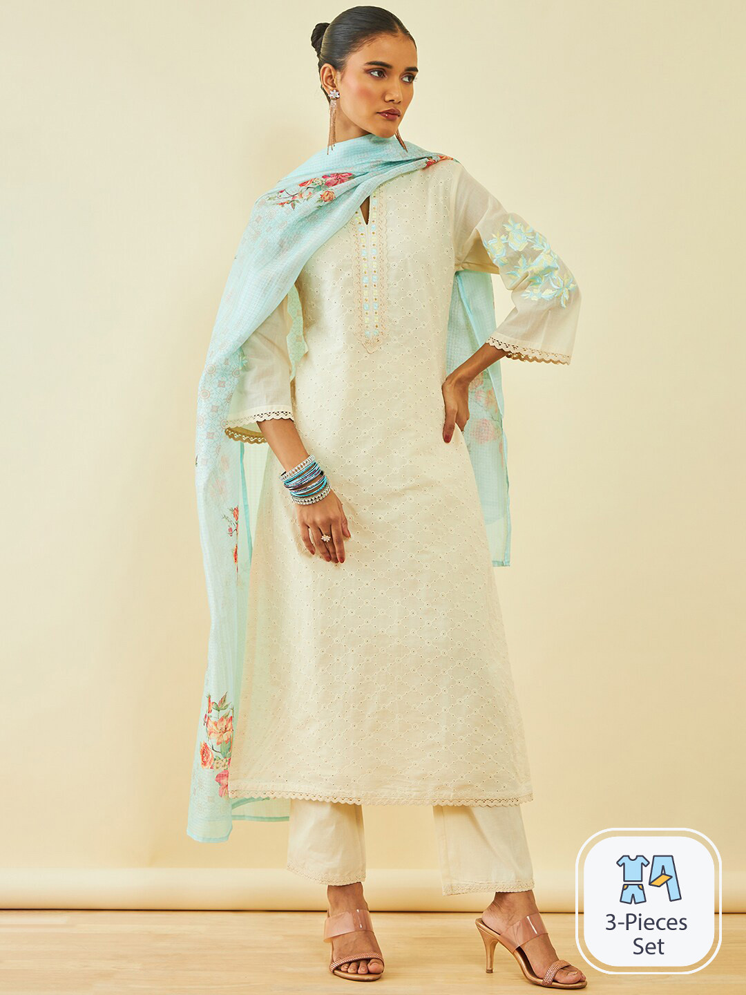 

Soch Floral Embroidered Pure Cotton Kurta With Trousers & Dupatta, Off white