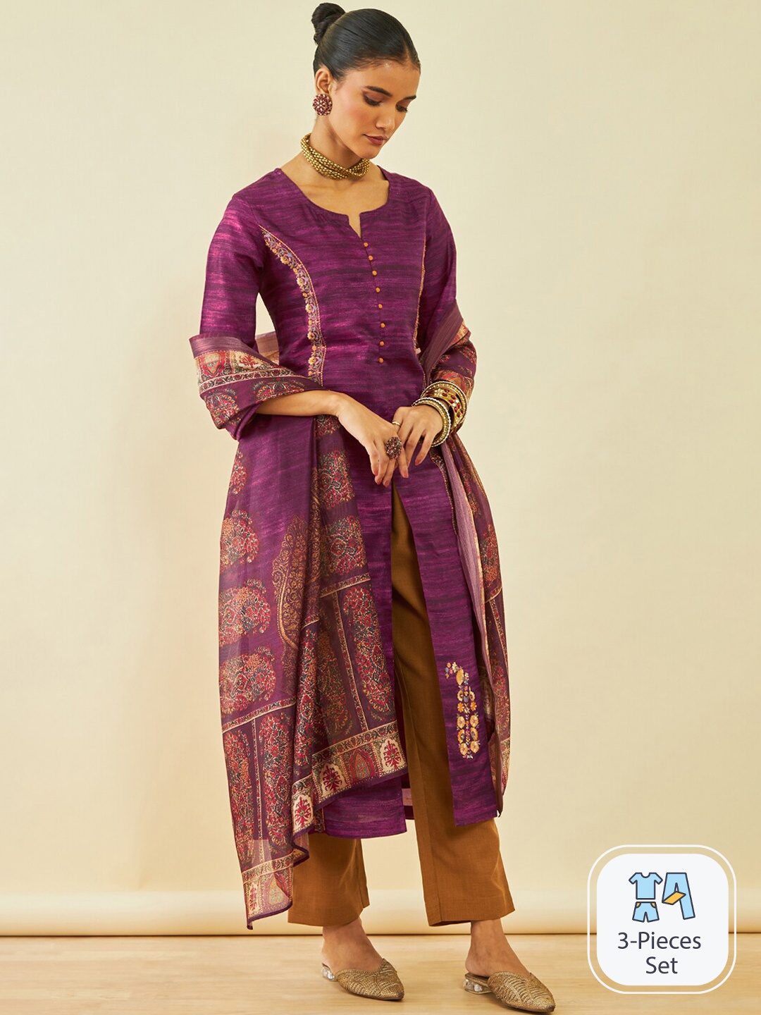 

Soch Floral Printed Regular Thread Work Kurta With Trousers & Dupatta, Purple
