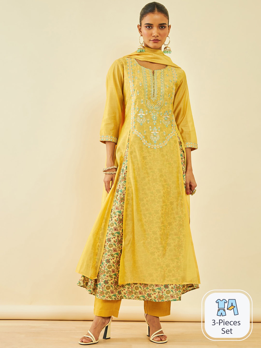 Soch Floral Yoke Design Layered Thread Work Kurta With Trousers & Dupatta, Mustard