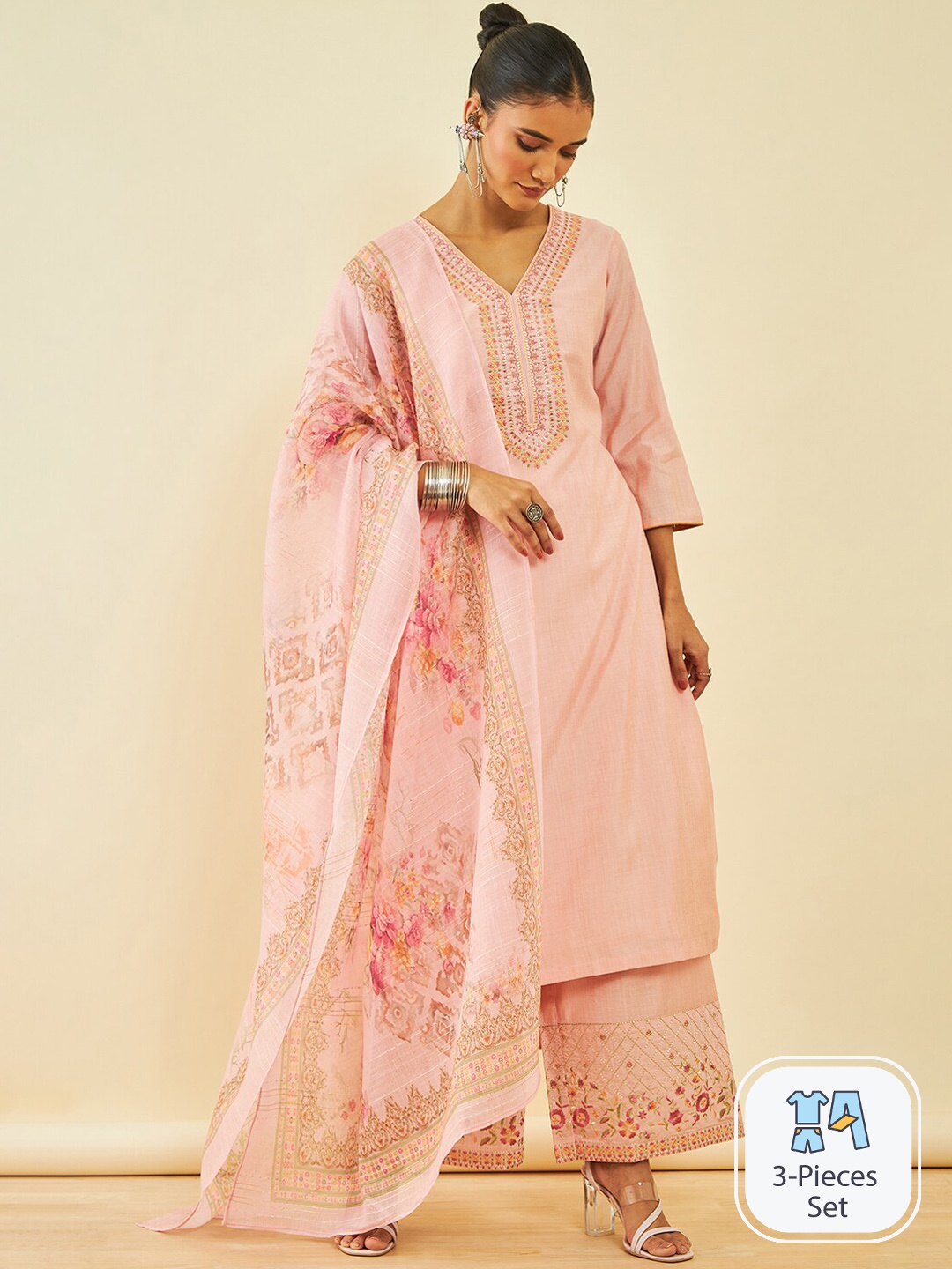 

Soch Floral Yoke Design Thread Work V-Neck Kurta With Palazzos & Dupatta, Pink