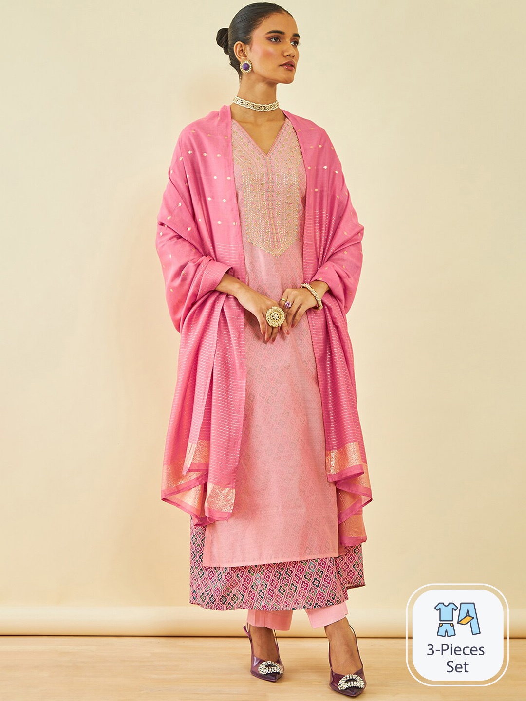 

Soch Ethnic Motifs Embroidered Thread Work Chanderi Silk Kurta With Trousers & Dupatta, Peach