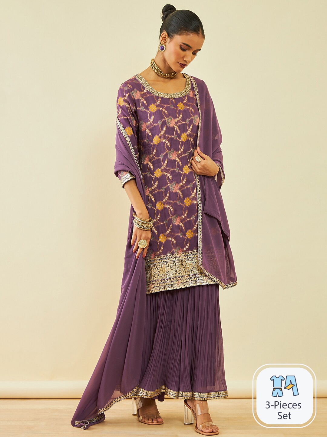 

Soch Floral Embroidered Sequinned Kurta With Sharara & Dupatta, Purple