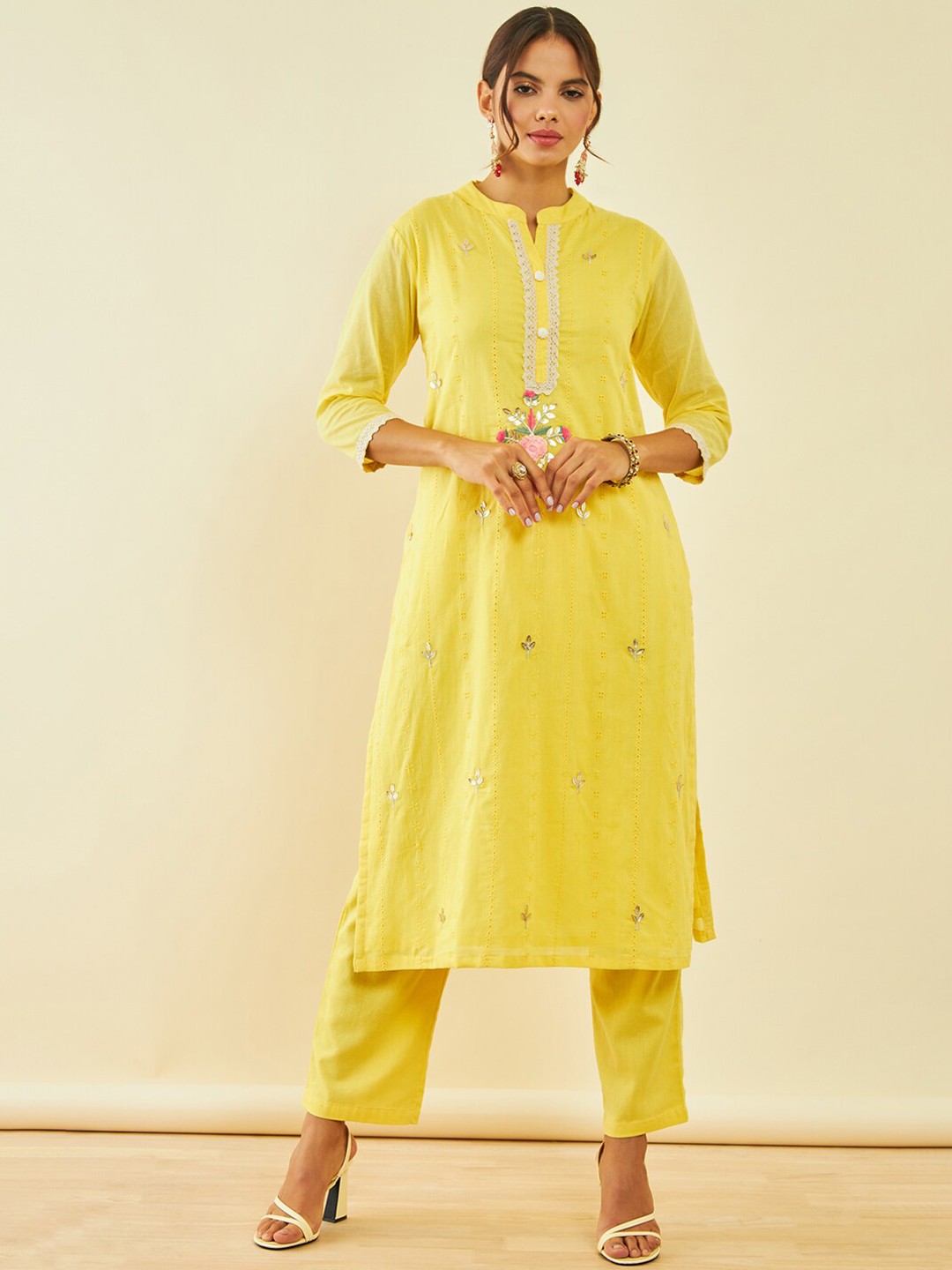 

Soch Floral Embroidered Regular Mirror Work Pure Cotton Kurta with Trousers & Dupatta, Yellow