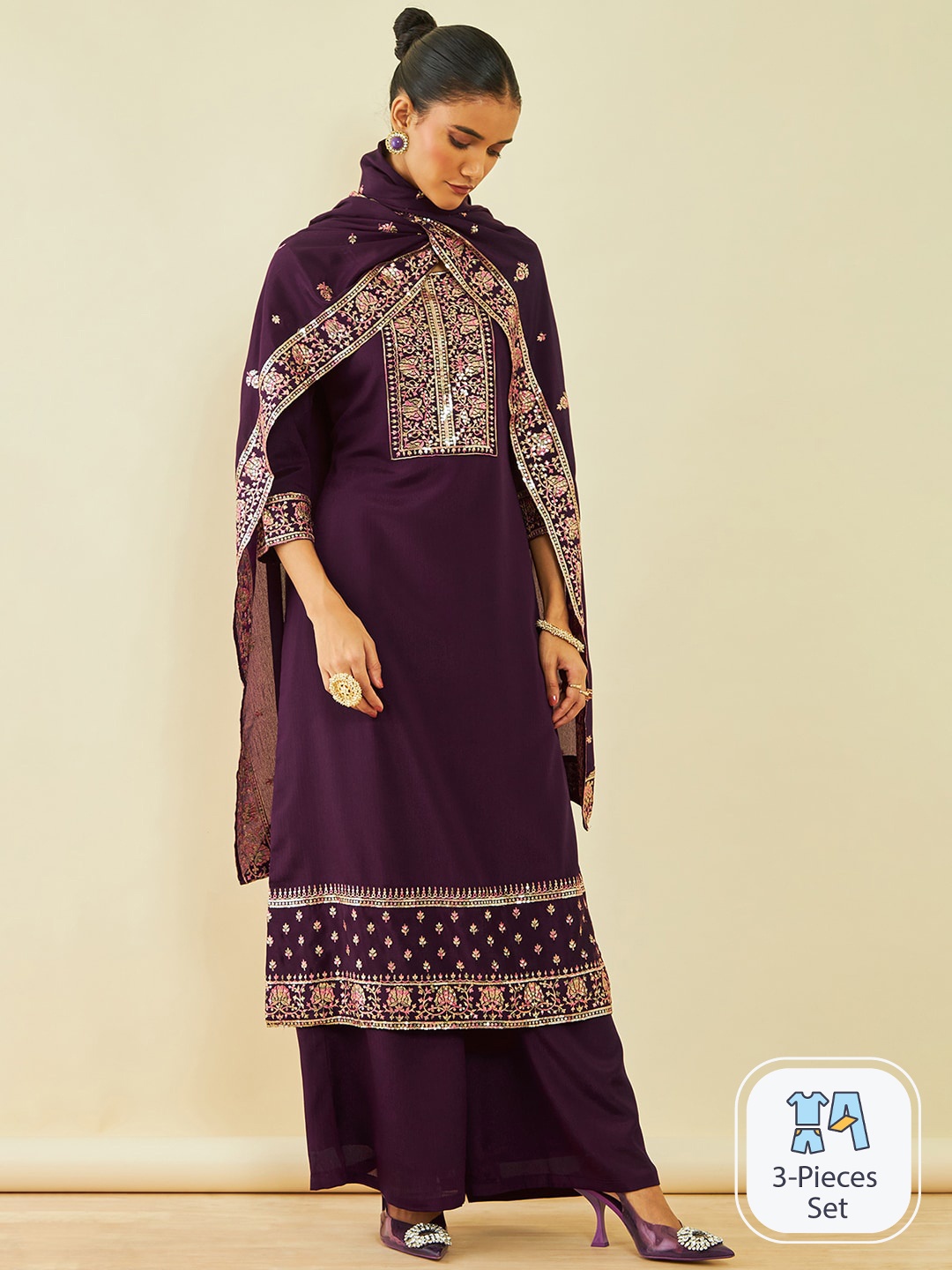 

Soch Floral Yoke Design Regular Sequinned Kurta With Palazzos & Dupatta, Maroon