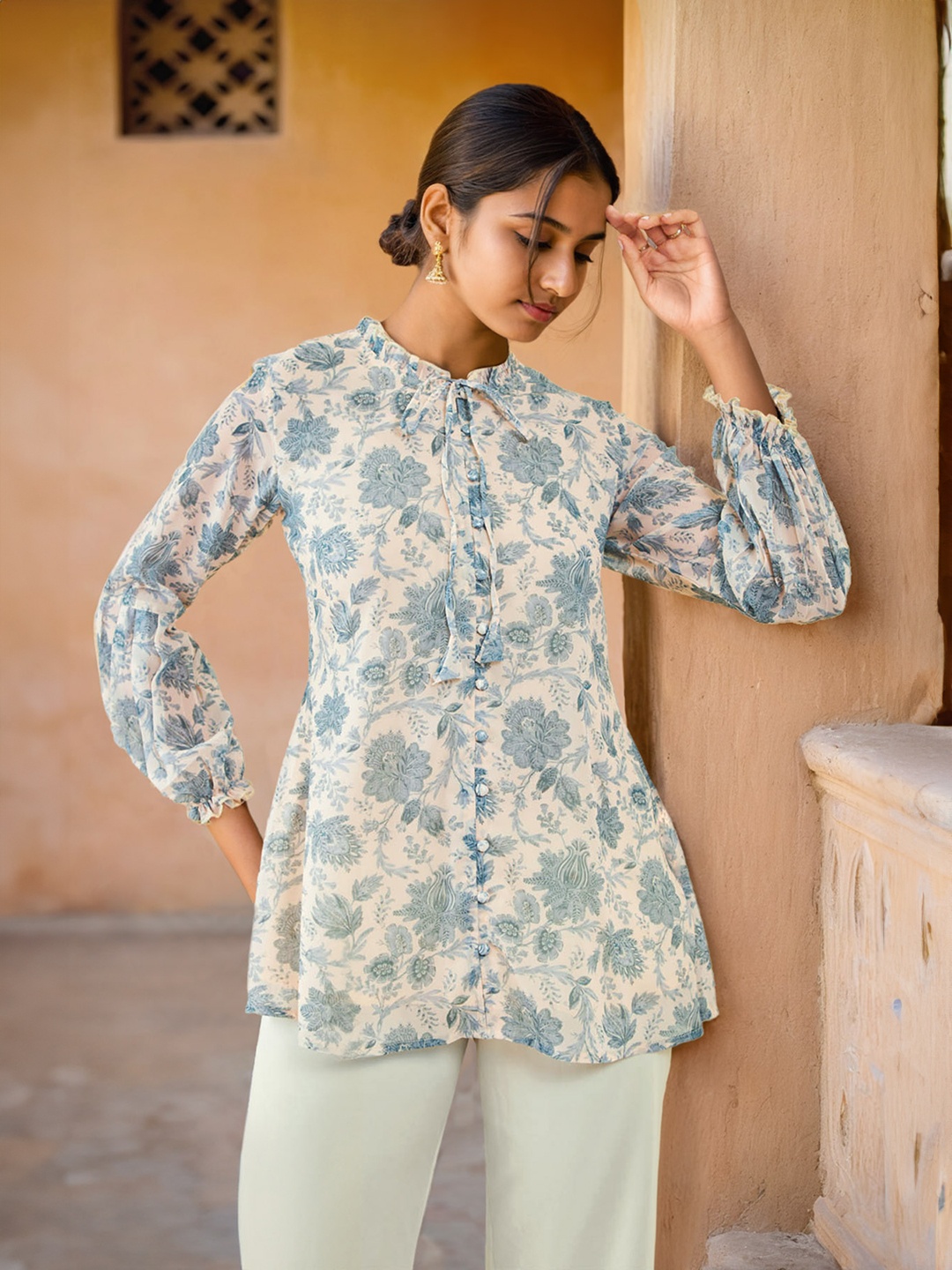 

Soch Tie Up Neck Floral Printed Tunic, Beige