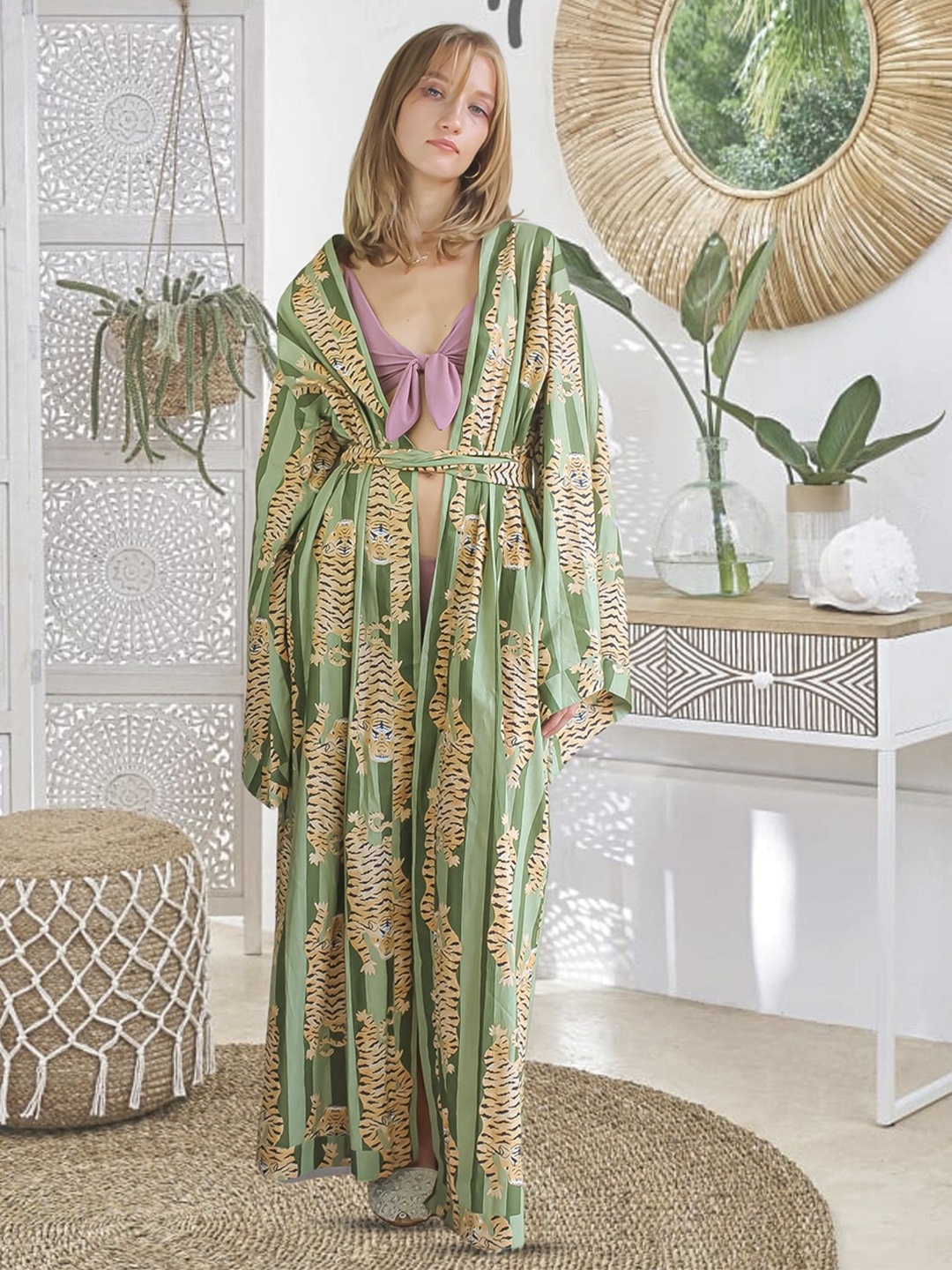 Be Sunset Ibiza Floral Print Cotton Swimwear Cover up Top, Green