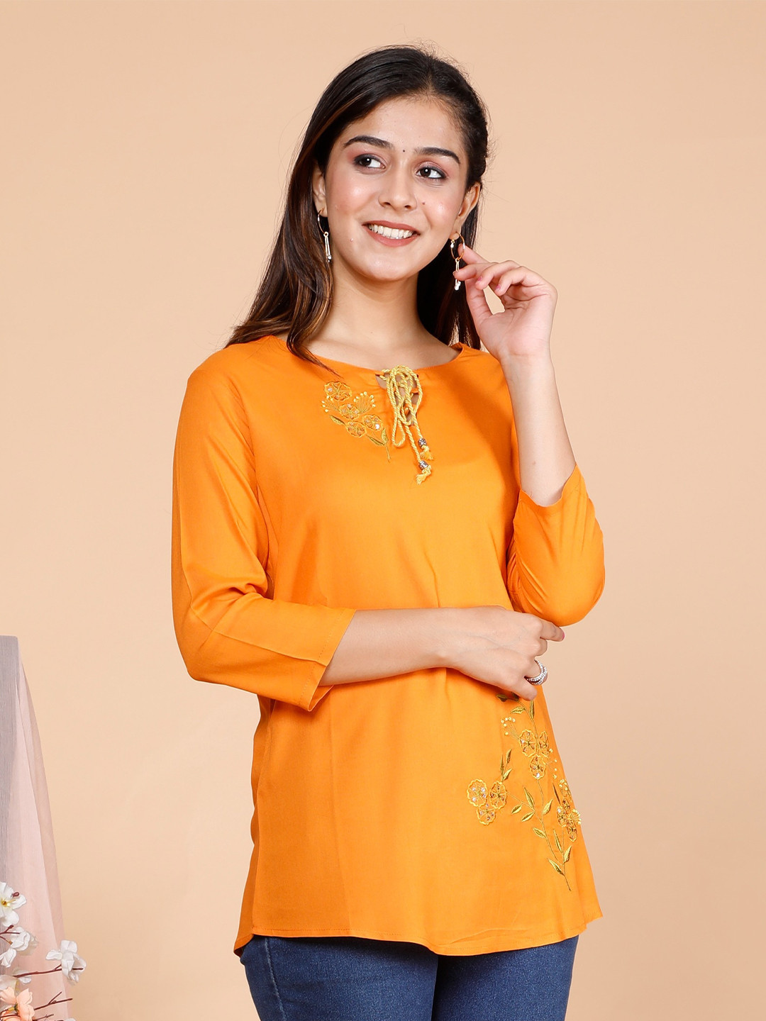 

misbis Floral Embroidered Tie-Up Neck Top, Yellow