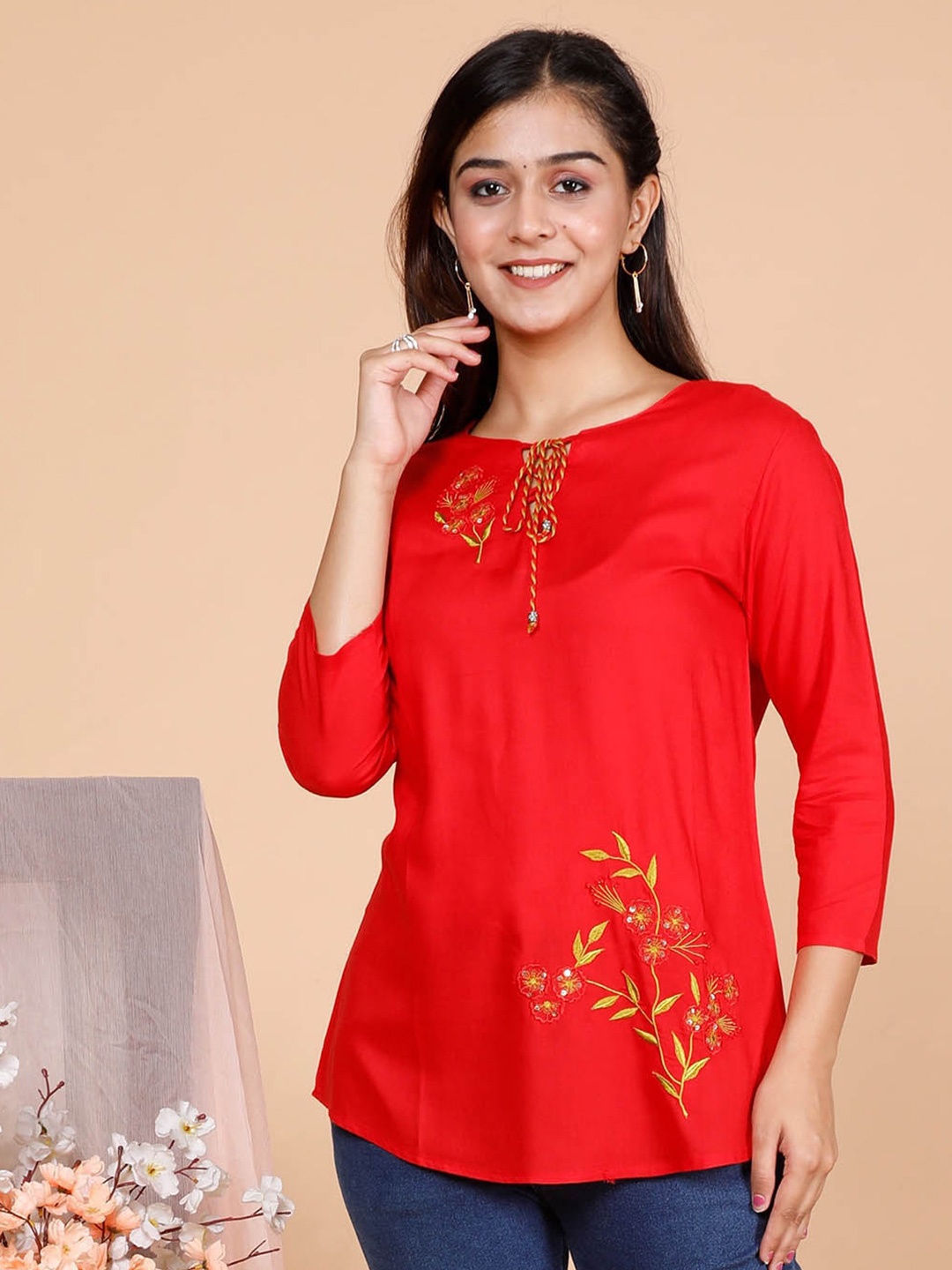 

misbis Floral Embroidered Tie-Up Neck Top, Red