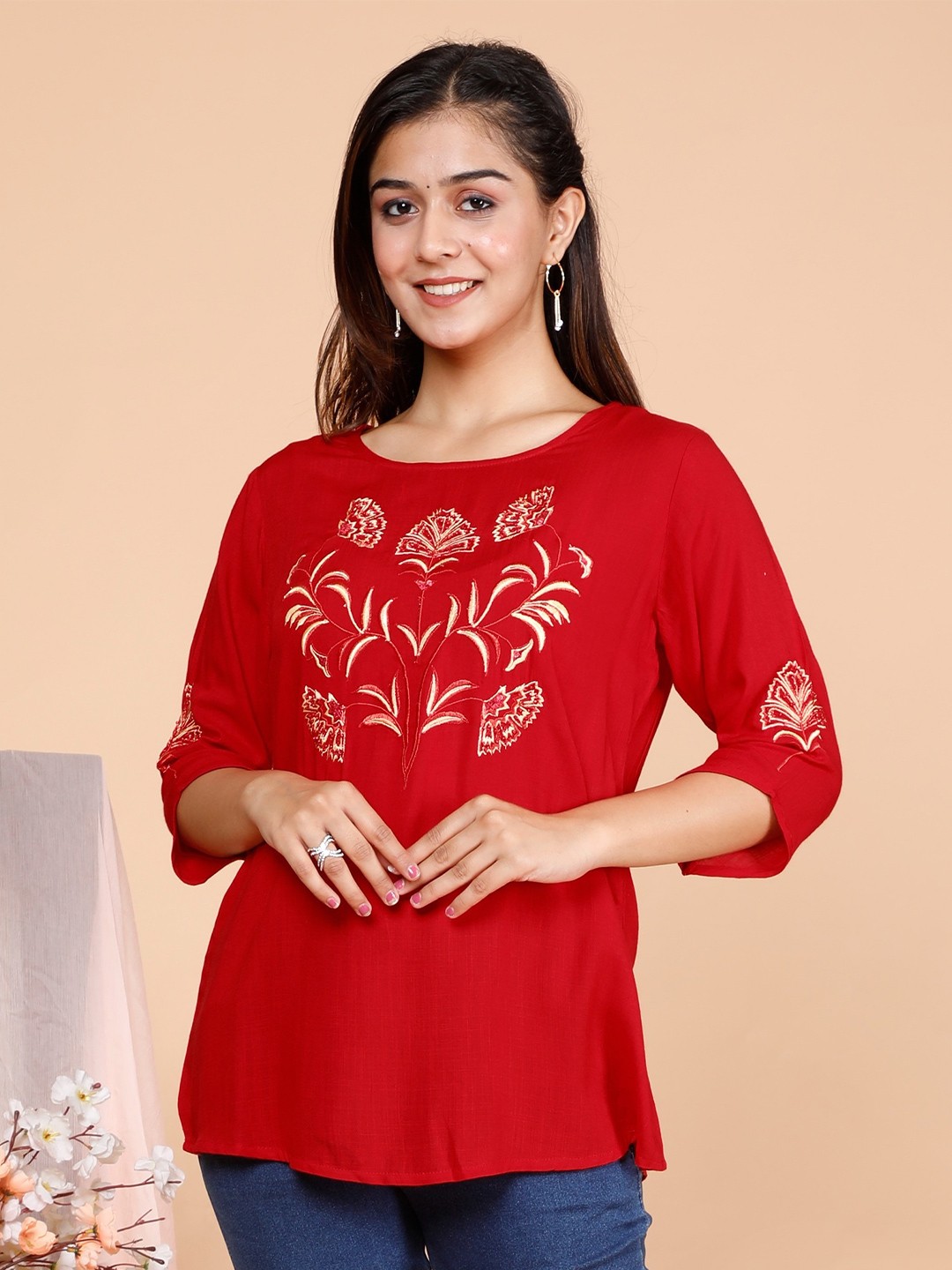 

misbis Floral Embroidered Top, Red