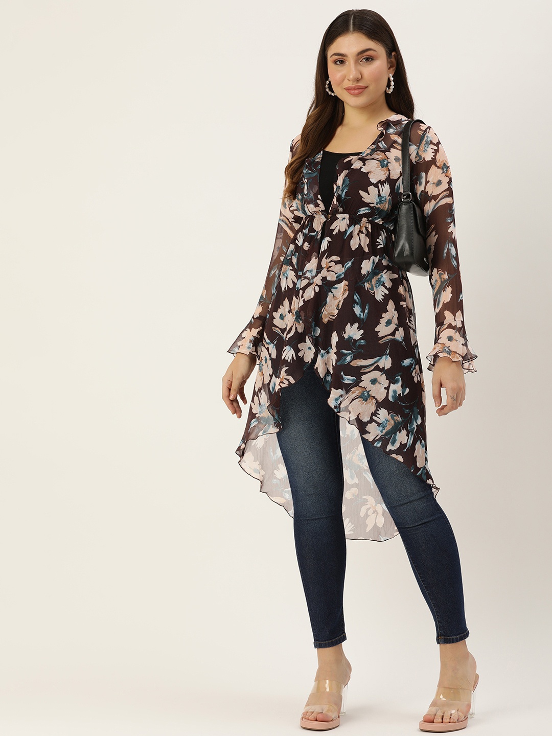 

ROVING MODE Floral Printed Longline Button Shrug with Ruffles, Coffee brown