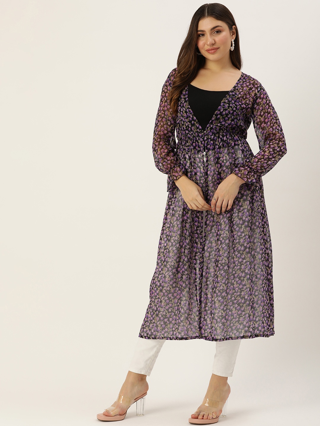 

ROVING MODE Floral Printed Longline Button Shrug, Purple