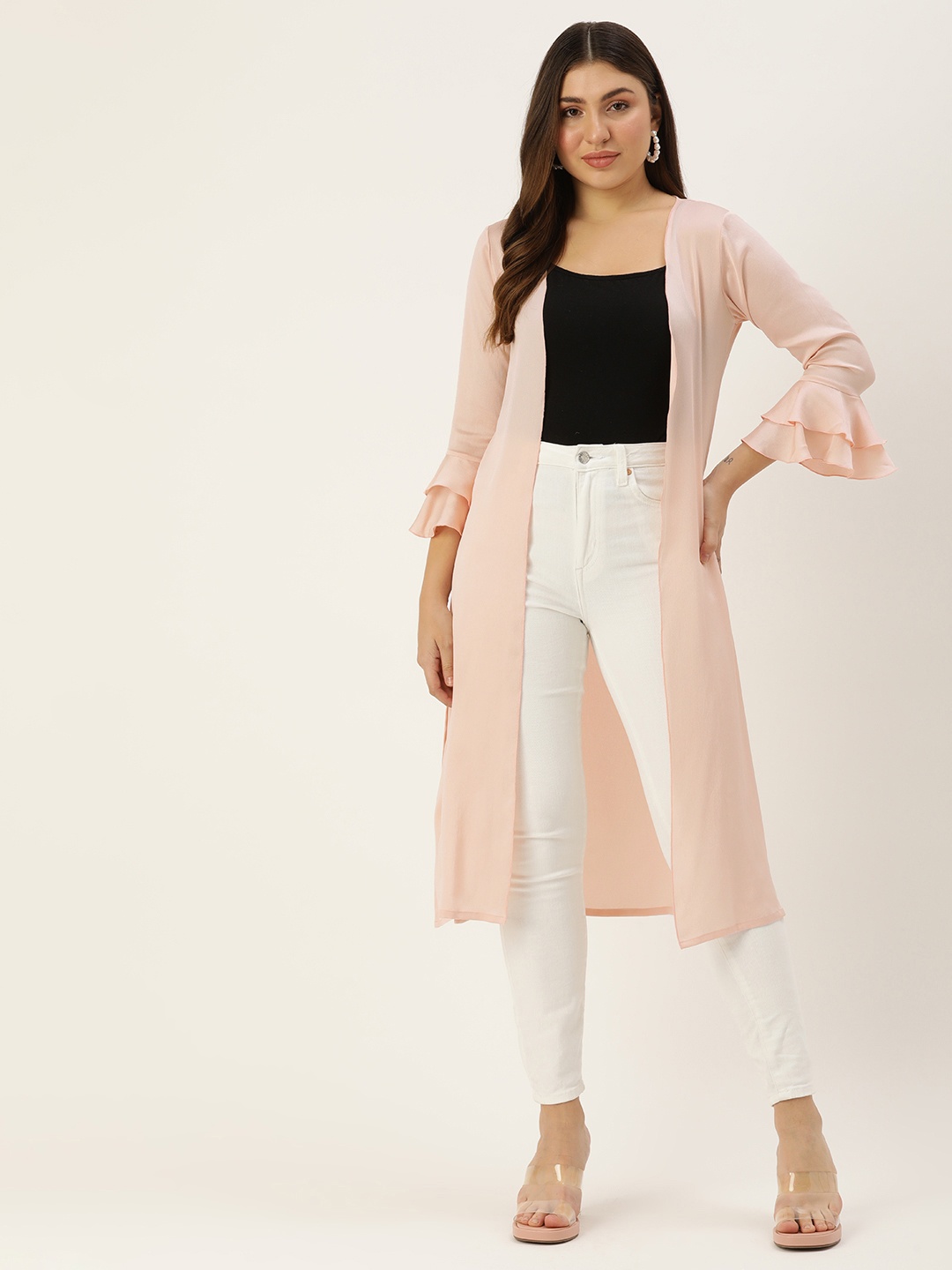 

ROVING MODE Open Front Satin Longline Shrug, Pink