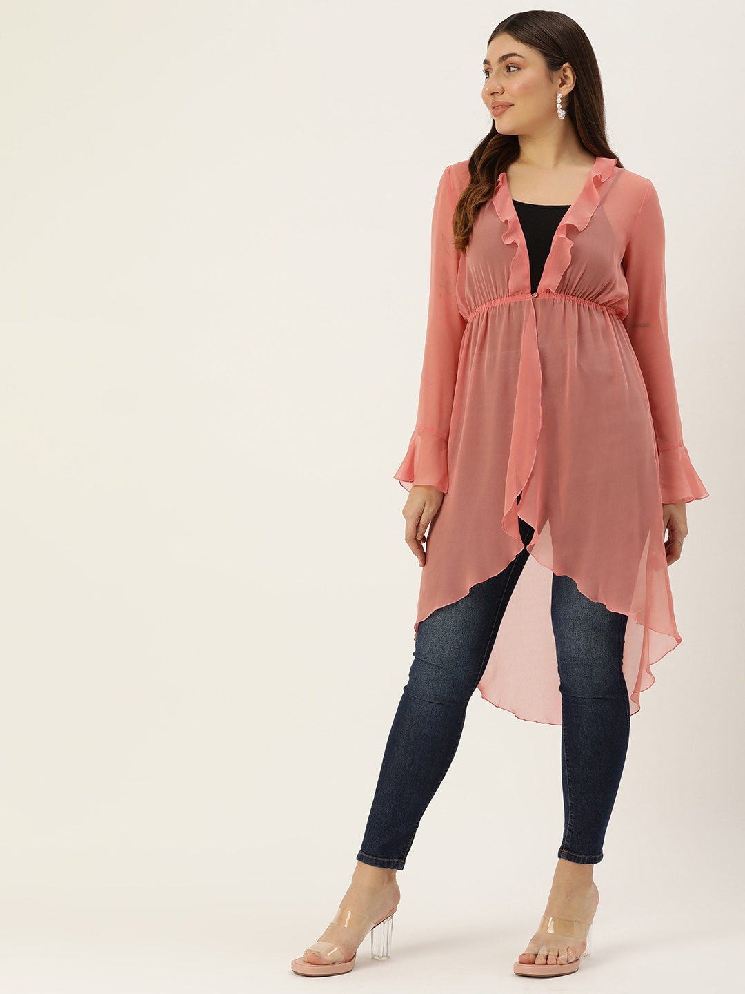 

ROVING MODE Ruffled Longline Button Shrug, Peach