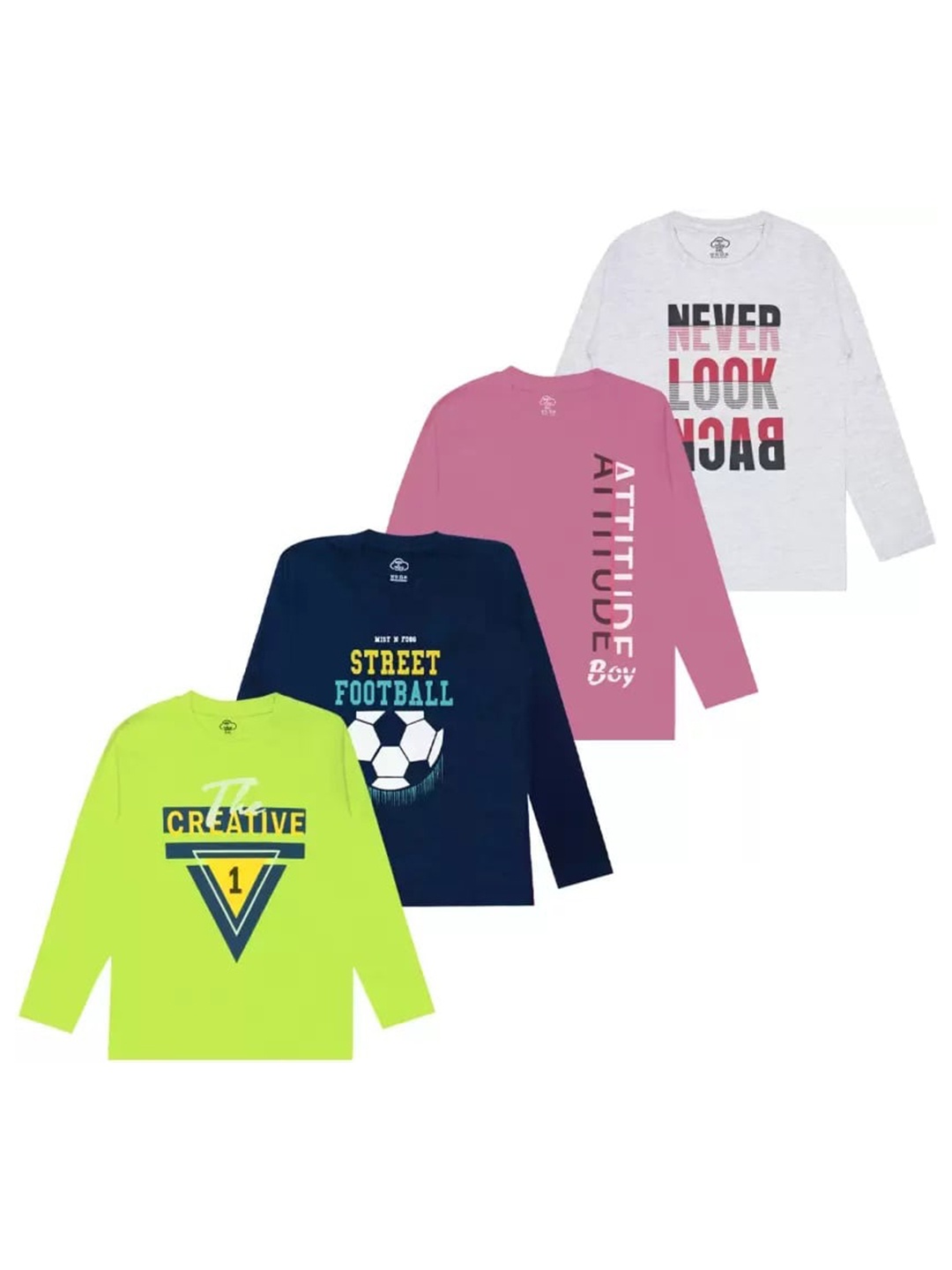 

MIST N FOGG Boys Pack Of 4 Typography Printed Cotton T-shirt, Green