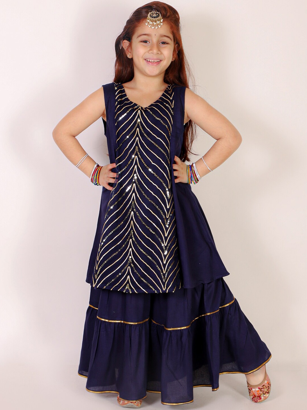 

M'andy Girls Sequinned Dupion Silk Kurta With Pyjamas, Navy blue