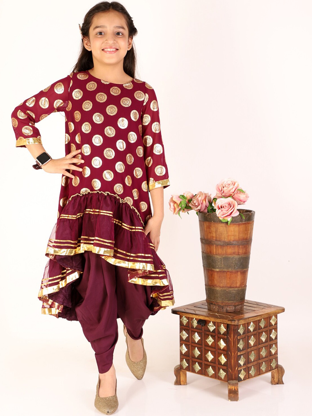 

M'andy Girls Floral Printed Regular Kurta with Dhoti Pants, Red