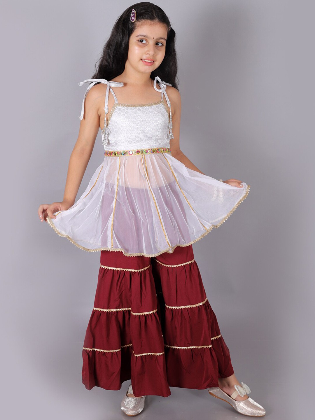 

M'andy Girls Floral Embroidered Regular Kurta with Sharara, Silver