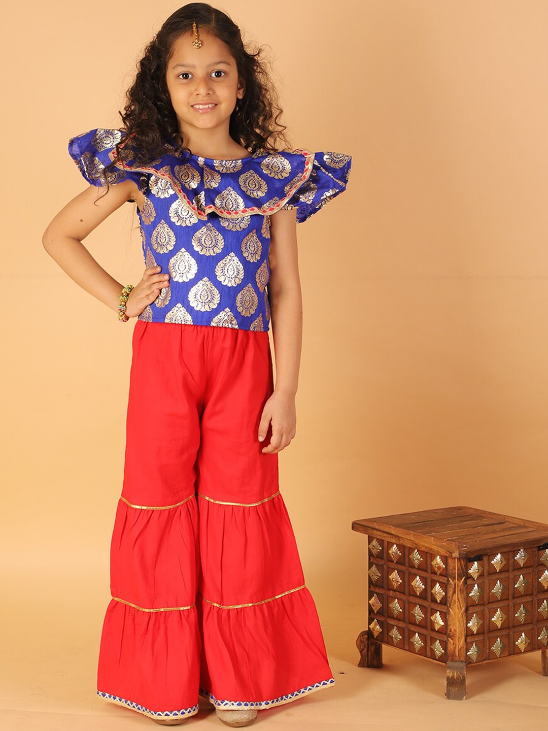 

M'andy Girls Ethnic Motifs Printed Crop Top With Palazzos, Blue