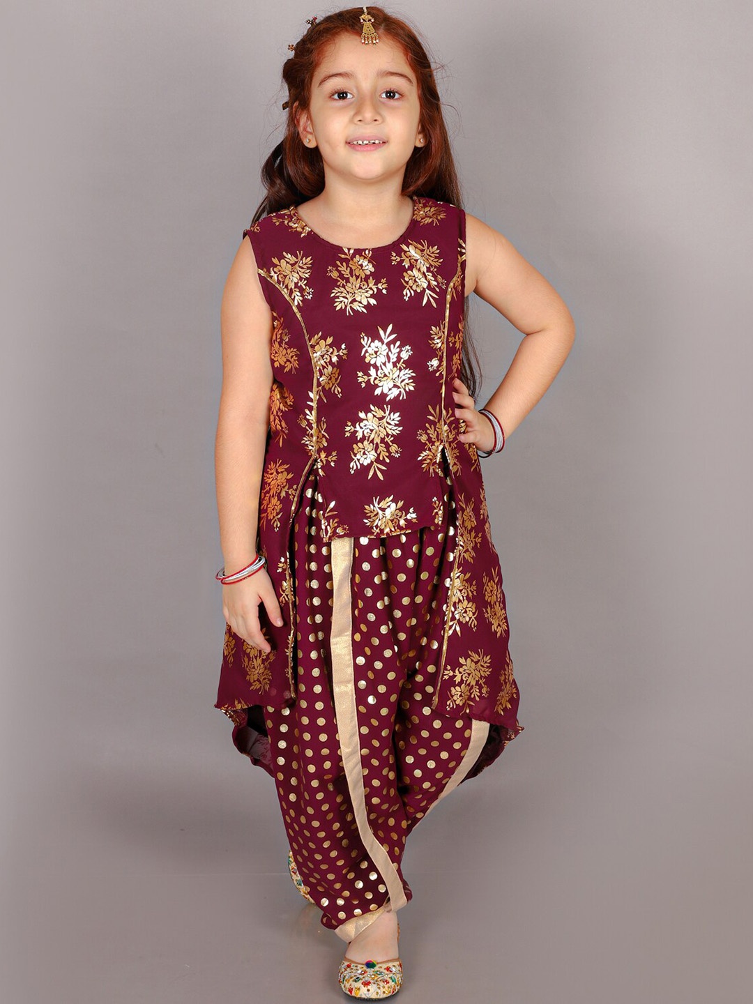 

M'andy Girls Floral Printed Regular Kurta with Dhoti Pants, Maroon