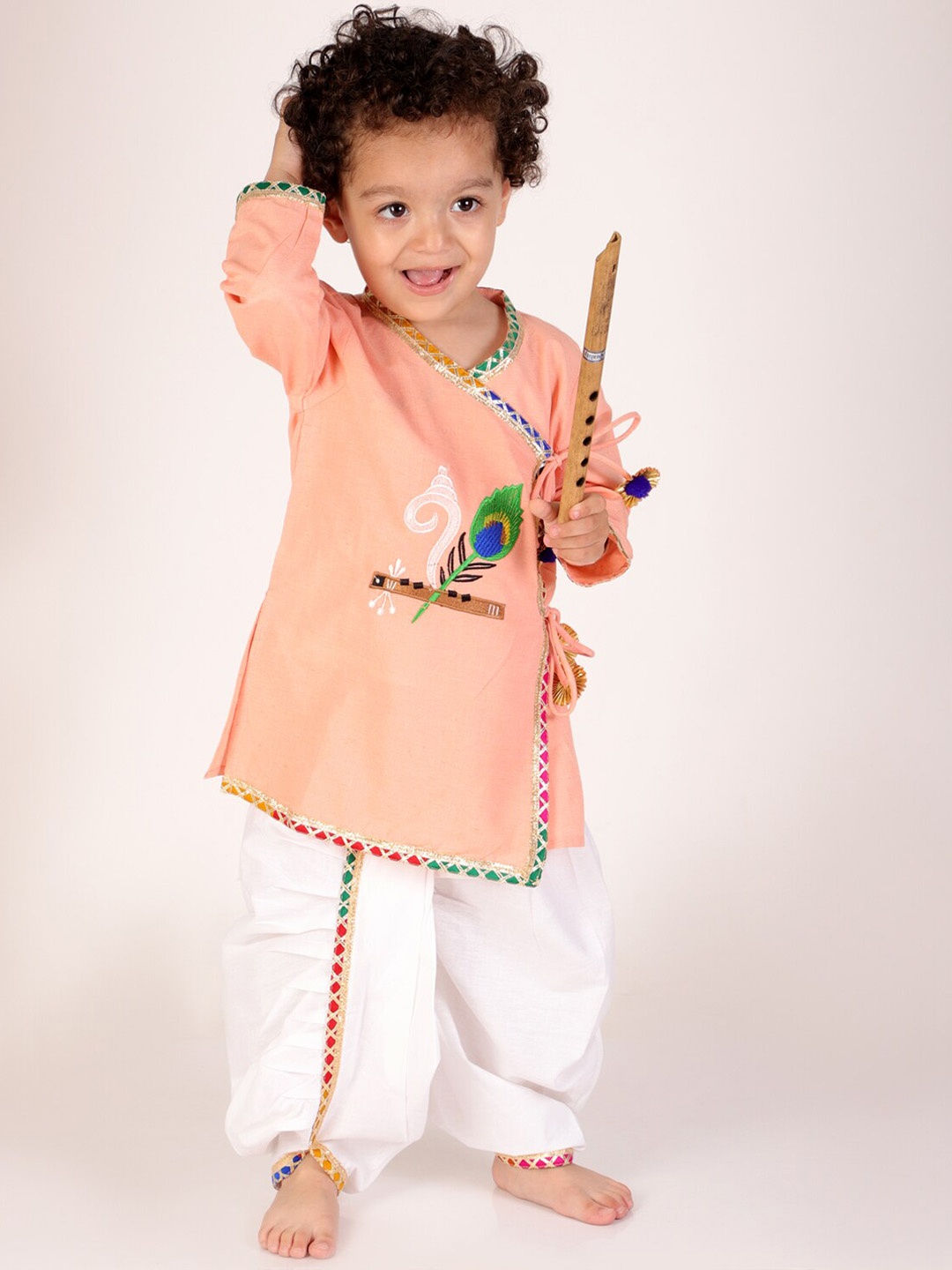 

M'andy Boys Ethnic Motifs Printed Regular Pure Cotton Kurta with Dhoti Pants, Peach