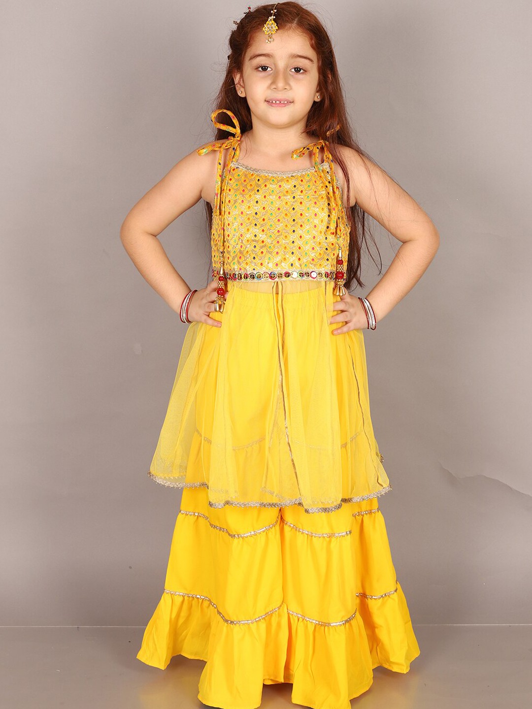 

M'andy Girls Tie-Up Neck Thread Work High Slit Kurta with Sharara, Yellow