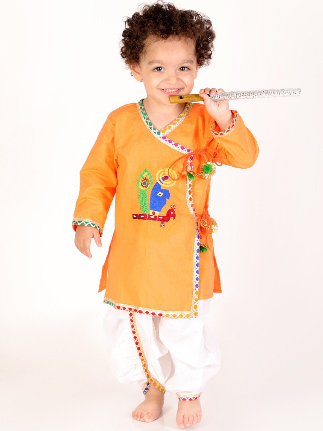 

M'andy Boys Ethnic Motifs Embroidered Gotta Patti Pure Cotton Kurta with Dhoti Pants, Orange