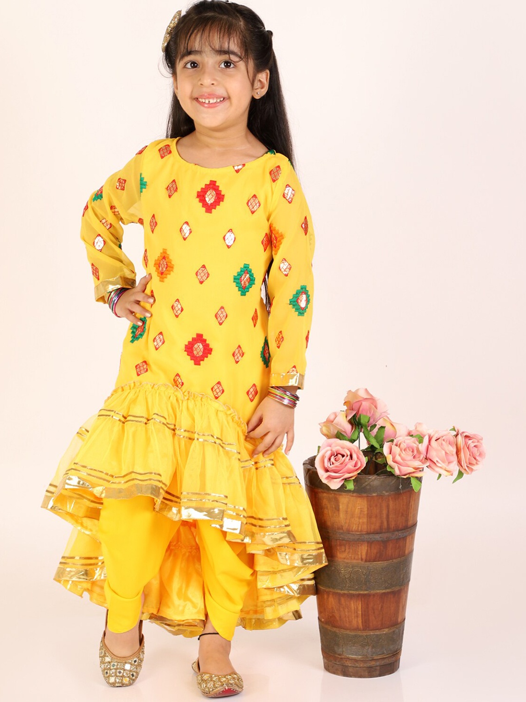 

M'andy Girls Ethnic Motif Printed Flounce Hemline Kurta with Dhoti Pants, Yellow