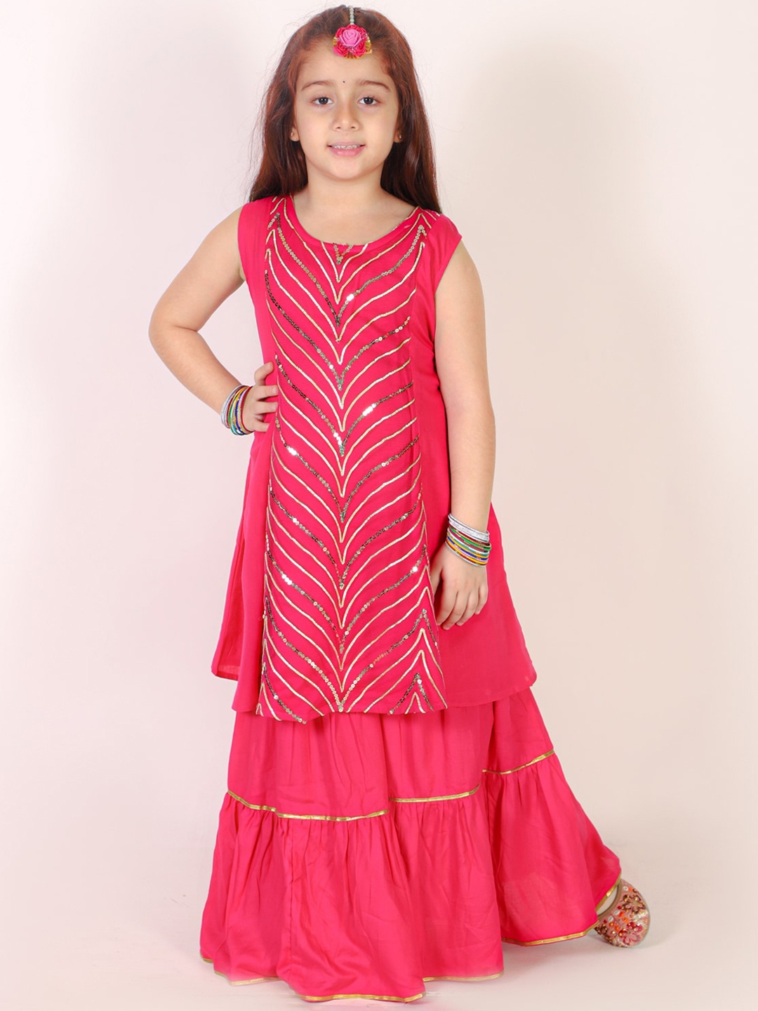 

M'andy Girls Round Neck Sequinned Kurta with Skirt, Pink